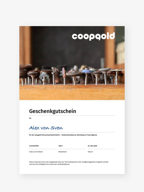 Gutschein für Schmuckkurse und Workshops bei coopgold Berlin — Schmuck selber machen, kreative Techniken lernen und eigene Ideen in der Werkstatt umsetzen.